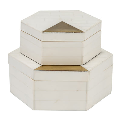 RESIN, S/2 5/7 HXGON BOXES W/BRASS INLAY, WHT/GLD