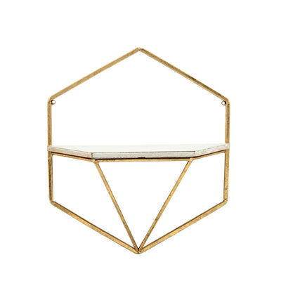 S/2 METAL / WOOD HEXAGON WALL SHELVES, GOLD/WHT