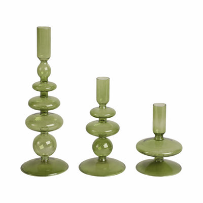 5 Vintage Glass Taper Candle Holder, Olive