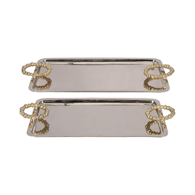 Metal, S/2 23/28 Trays With Beaded Handles,silver