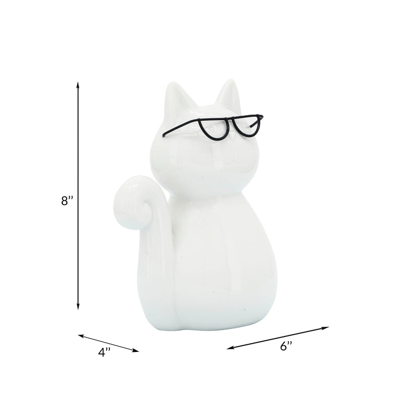 PORCELAIN, 8H CAT W/ GLASSES, WHITE