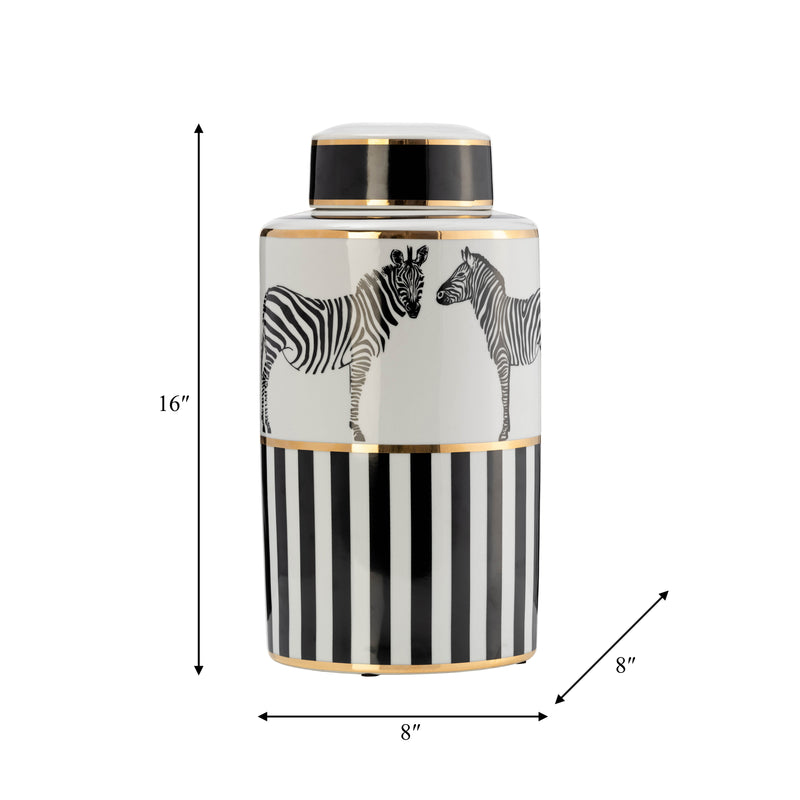 CER, 16H ZEBRA JAR W/ LID, WHITE/GOLD