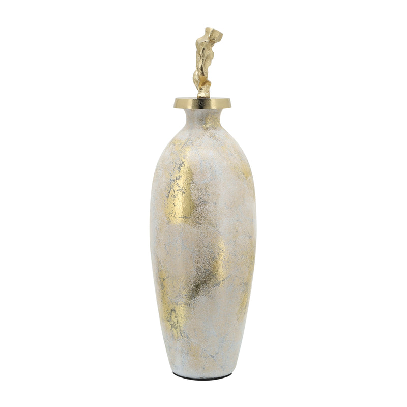 GLASS, 23H METAL VASE TRIBAL TOPPER,  WHITE/GOLD