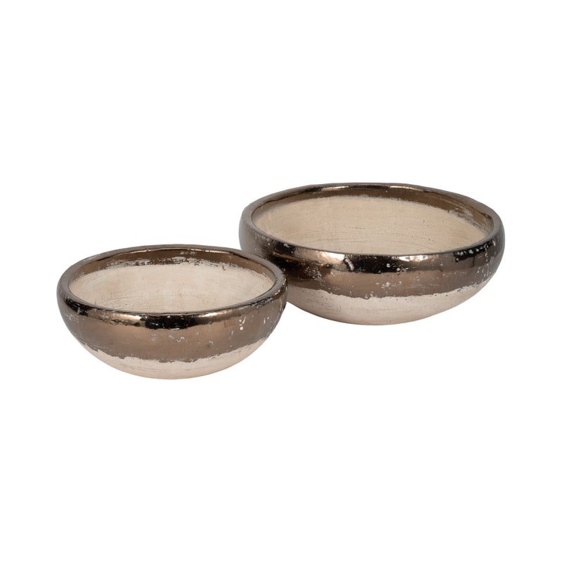 S/2 12/15 Gold Rim Terracotta Bowls, Grey