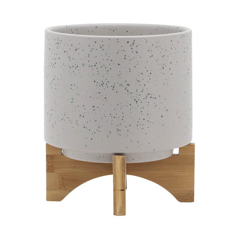 8  PLANTER W/ WOOD STAND, MATTE BEIGE