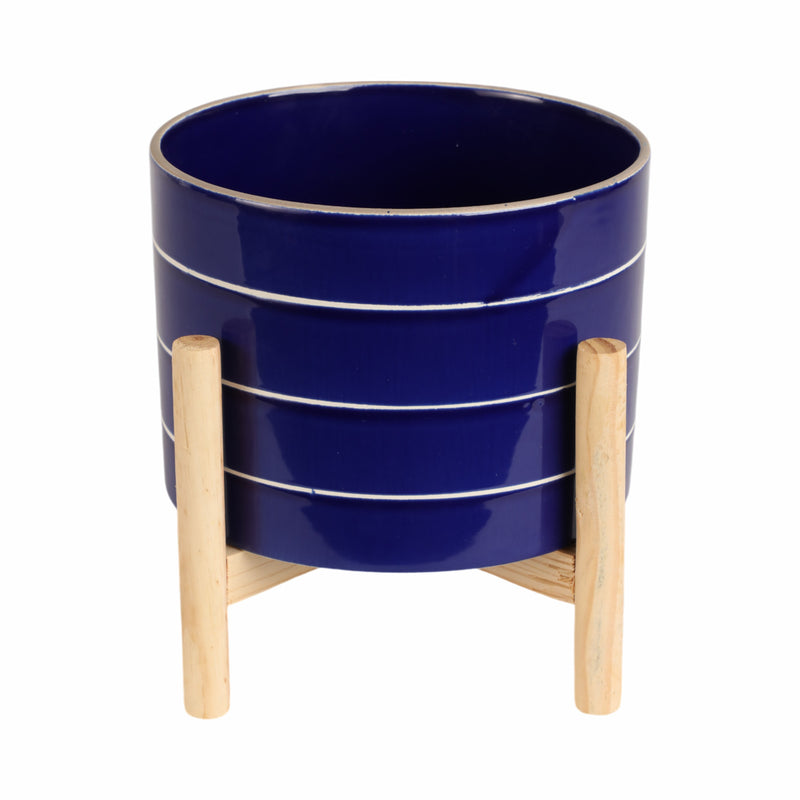 8 STRIPED PLANTER W/ WOOD STAND, NAVY