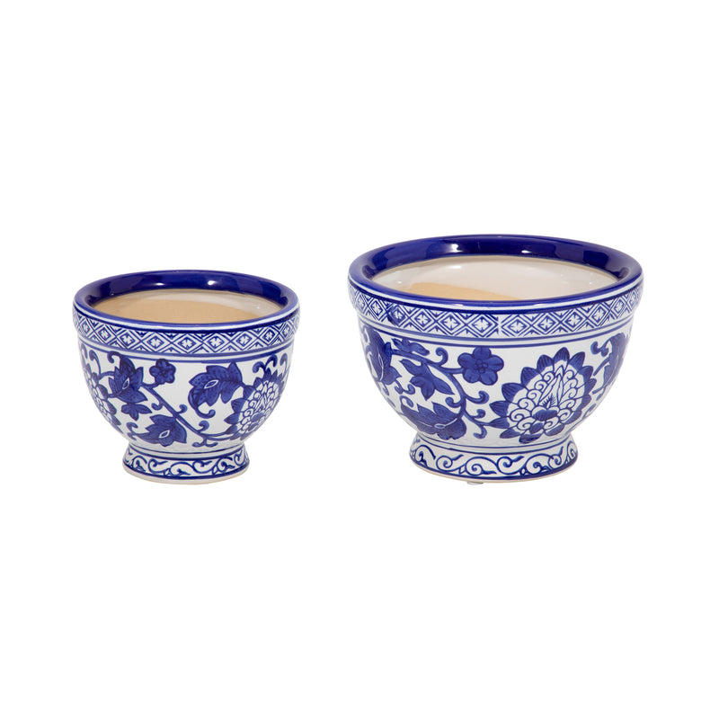 Cer, S/2 5/7 Bowl Chinoiserie Planters, Blue/wht