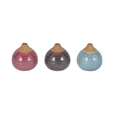 S/3 GLAZED BUD VASES, PURPLE/BLUE/PINK