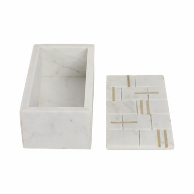 8 White Marble Box With Brass Inlay, White/gold