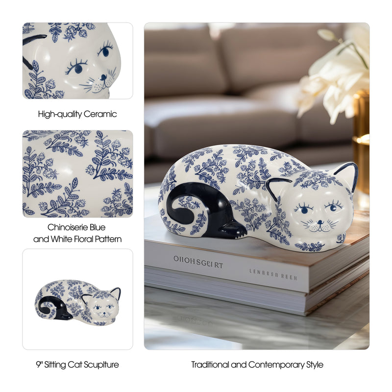 CER, 9 SLEEPING CHINOISERIE CAT, BLUE/WHITE