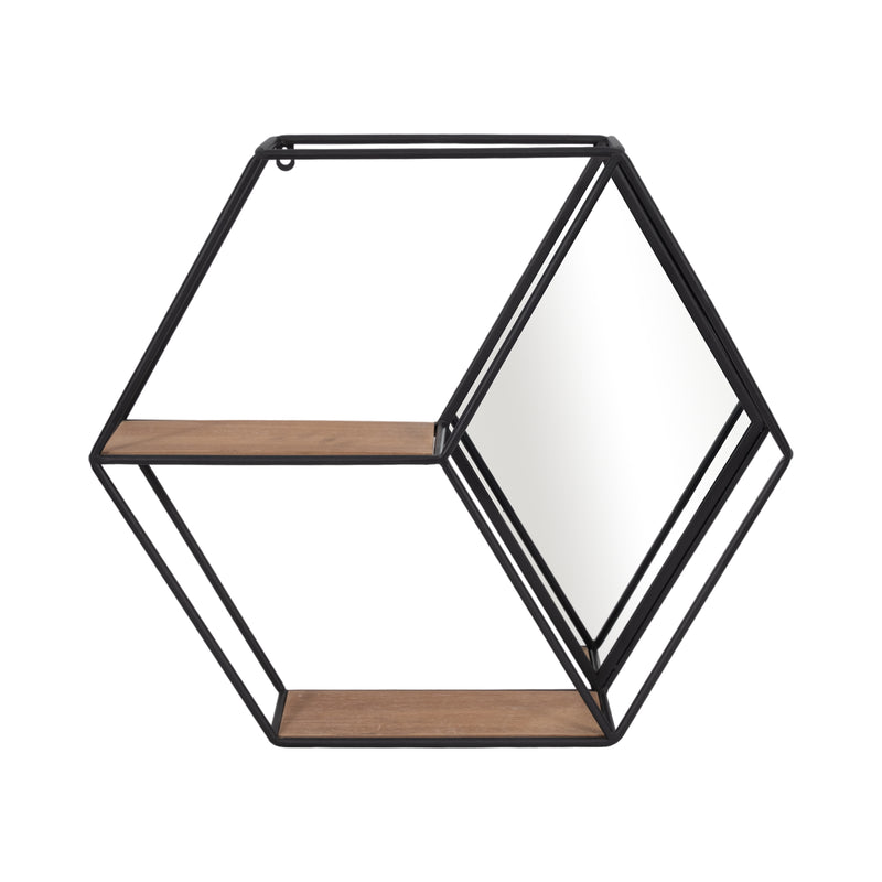 METAL/WOOD 20 HEXAGON MIRRORED WALL SHELF, BLACK