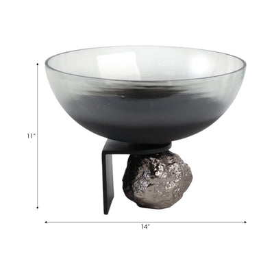 14x11 Glass Bowl On Rock Pedestal, Black/silver