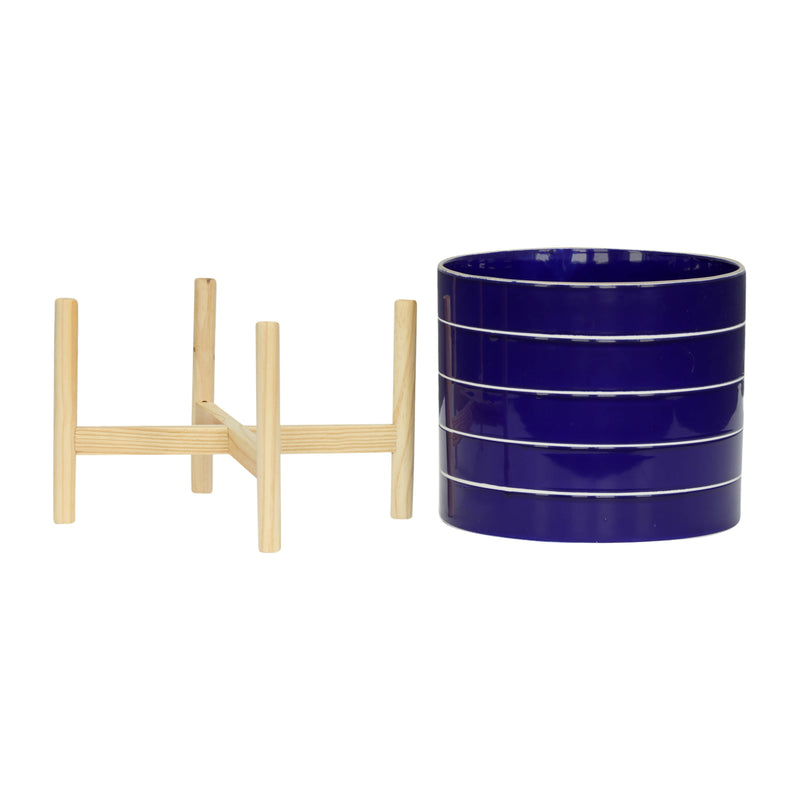 10 STRIPED PLANTER W/ WOOD STAND, NAVY