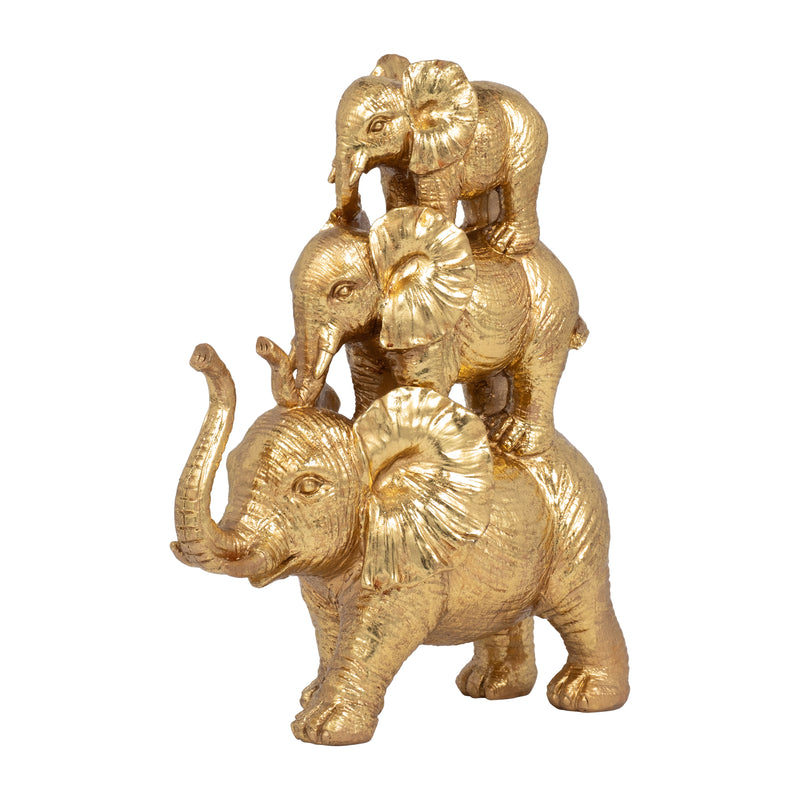 RESIN, 10 STACKED RAISED TRUNK ELEPHANTS, GOLD