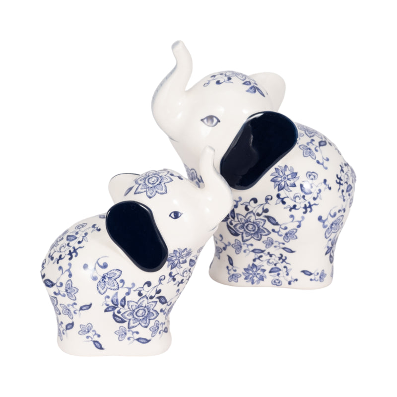 6 Trunk Up Chinoiserie Elephant, Blue/white