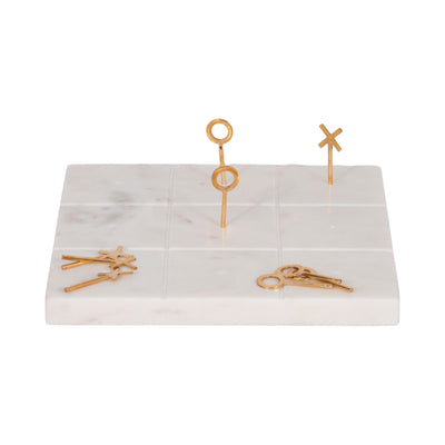 9 Marble Tic-tac-toe With Gold X & O, White/gold