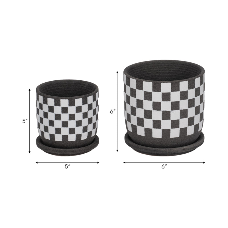 S/2 5/6 Checkerboard Saucer Planters, Black/white