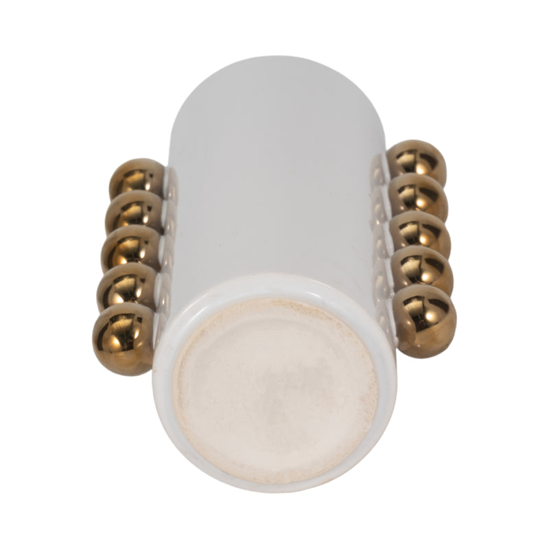 Cer, 10 Vase W/ Side Knobs, White/gold