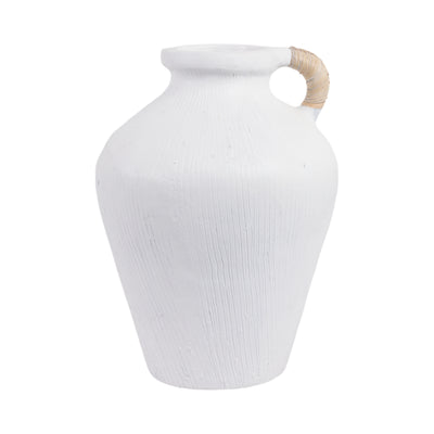 17 Textured Terracota Vase W/rattan Handle, Wht