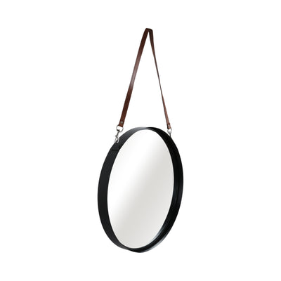 28 ROUND MIRROR W/ LEATHER STRAP, BLACK