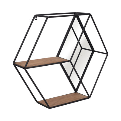 METAL/WOOD 20 HEXAGON MIRRORED WALL SHELF, BLACK