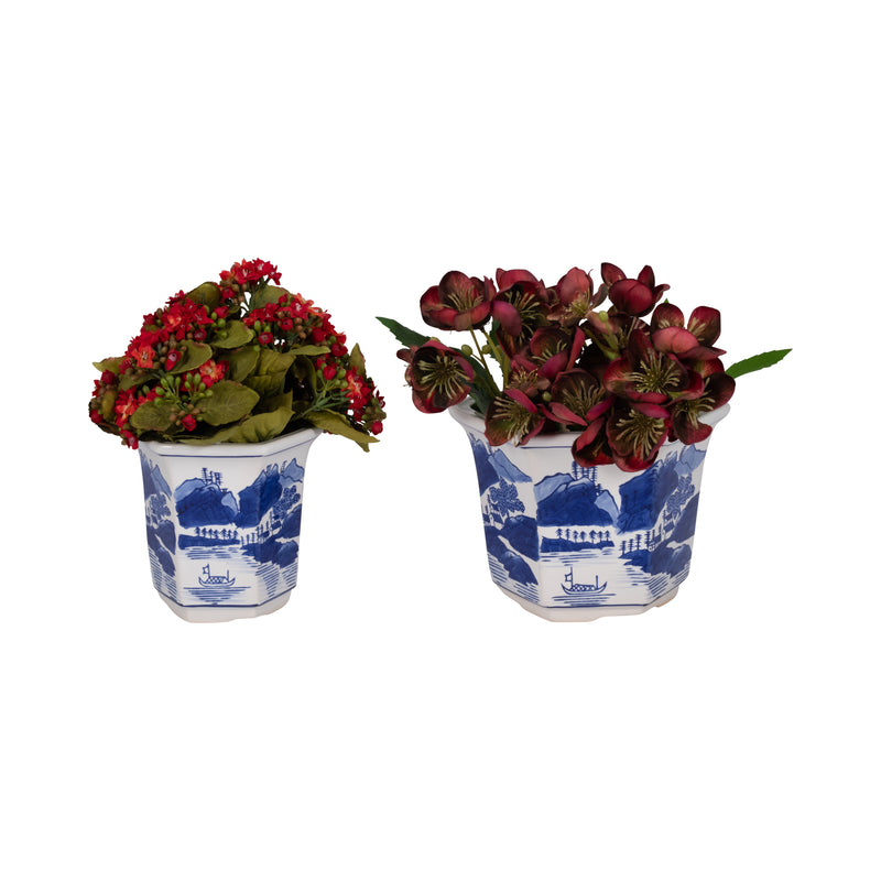 Cer, S/2 6/8 Fluted Chinoiserie Planters,blue/wht