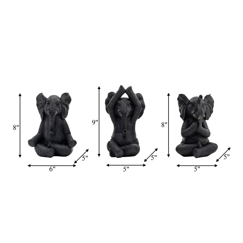 RESIN, S/3, 8H, YOGA ELEPHANTS, BLK