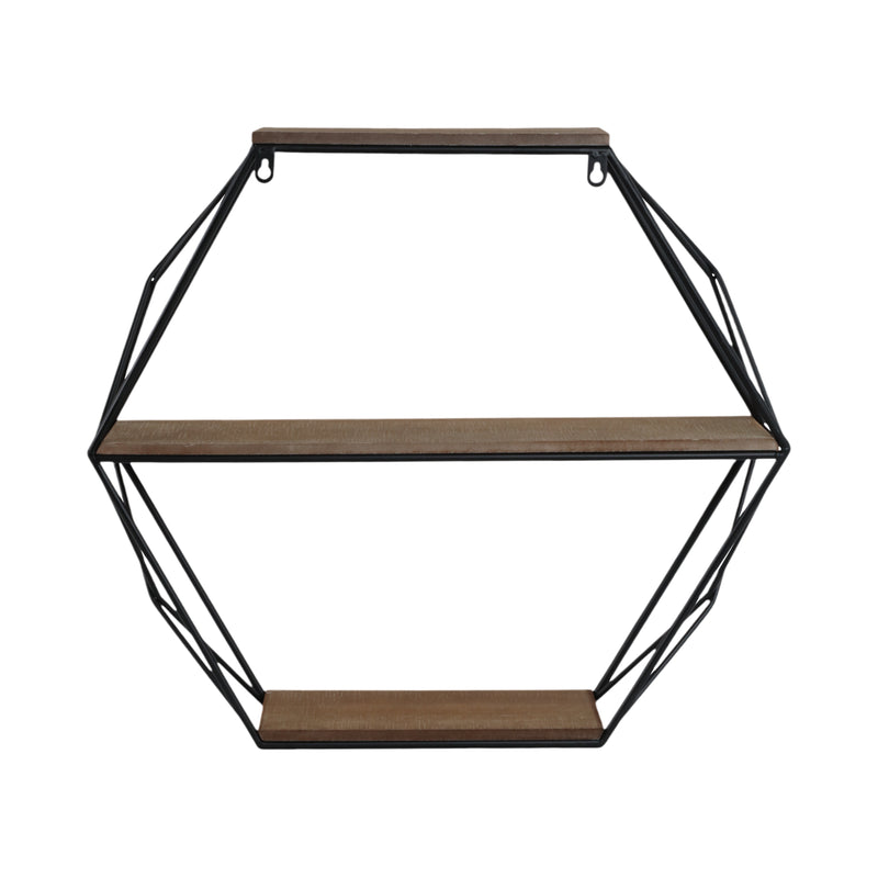 METAL/WOOD 3 TIER HEXAGON WALL SHELF, BROWN/BLACK