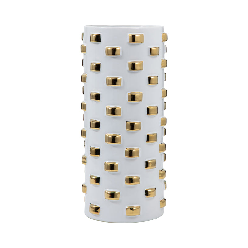 Stoneware, 11 Cylinder Vase, White/gold