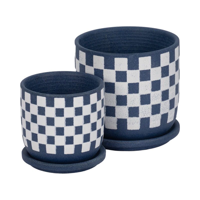 S/2 5/6 Checkerboard Saucer Planters, Blue/white