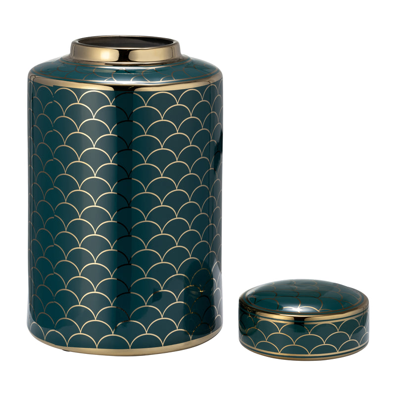 CER, 12 CRACKLE JAR W/ LID, GOLD