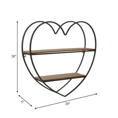 METAL/WOOD 2 TIER HEART WALL SHELF, NATURAL/BLACK