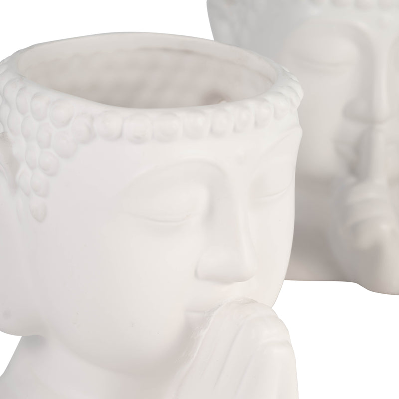 Cer, S/3 7h Buddha Head Planters, White