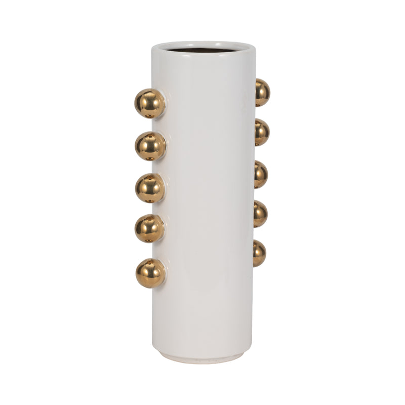 Cer, 16 Vase W/ Side Knobs, White/gold