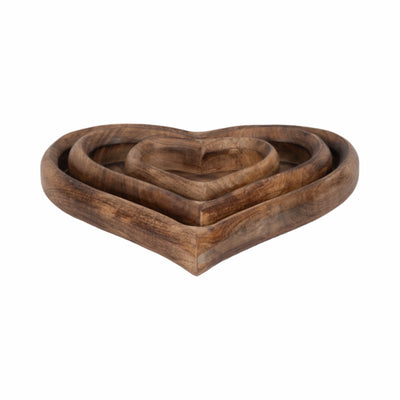 WOOD, S/3 7/11/14 HEART TRAYS, DARK BROWN