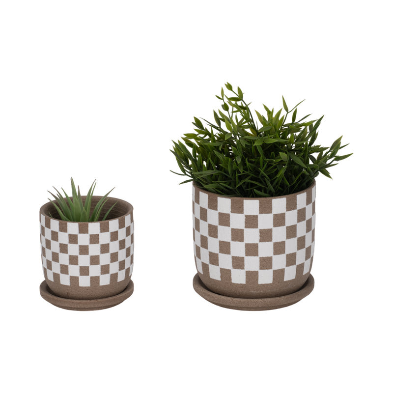 S/2 5/6 Checkerboard Saucer Planters, White/tan