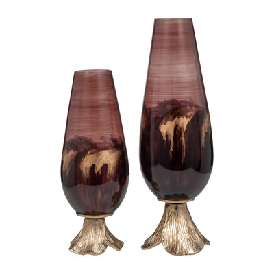 GLASS, 15 VASE W/ LEAF BASE, BRONZE