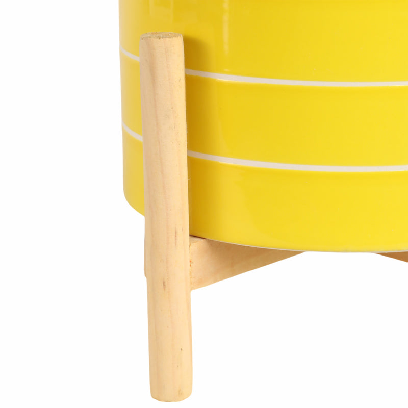 8 STRIPED PLANTER W/ WOOD STAND, YELLOW