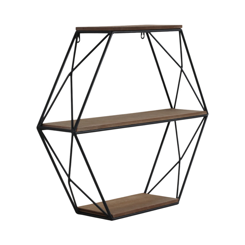 METAL/WOOD 3 TIER HEXAGON WALL SHELF, BROWN/BLACK