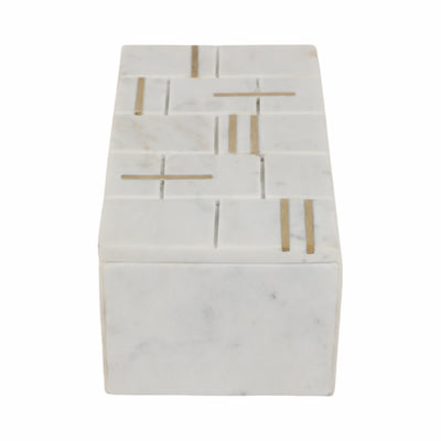 8 White Marble Box With Brass Inlay, White/gold