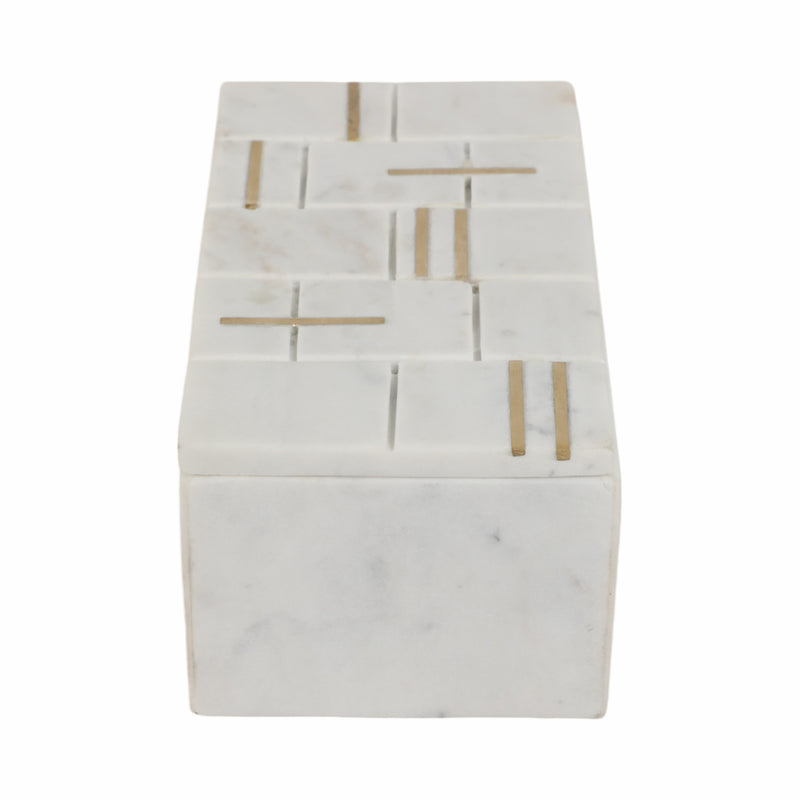 8 White Marble Box With Brass Inlay, White/gold