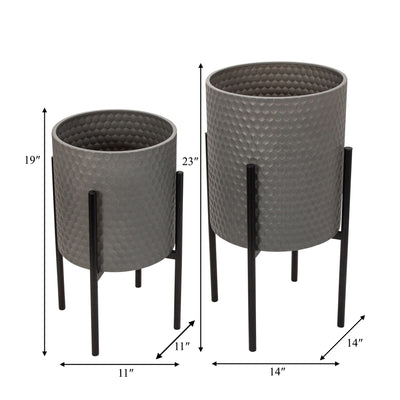 S/2 HONEYCOMB PLANTER ON METALSTAND, GRAY/BLK