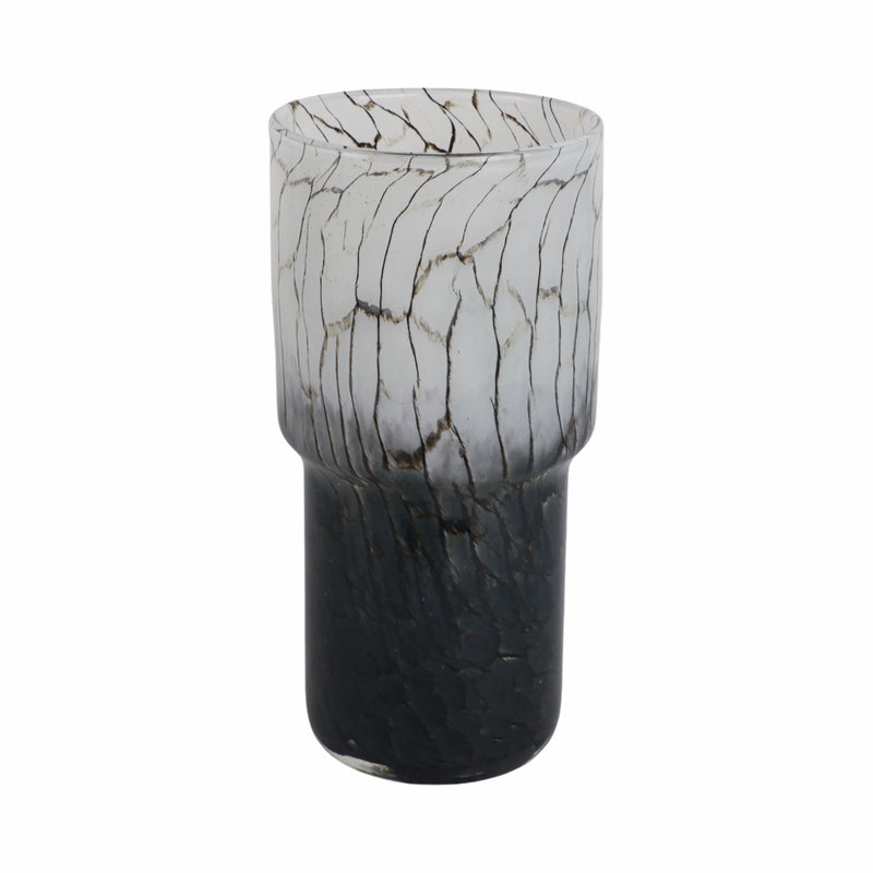 12x6 Abstract Glass Vase With Veining, White/blac