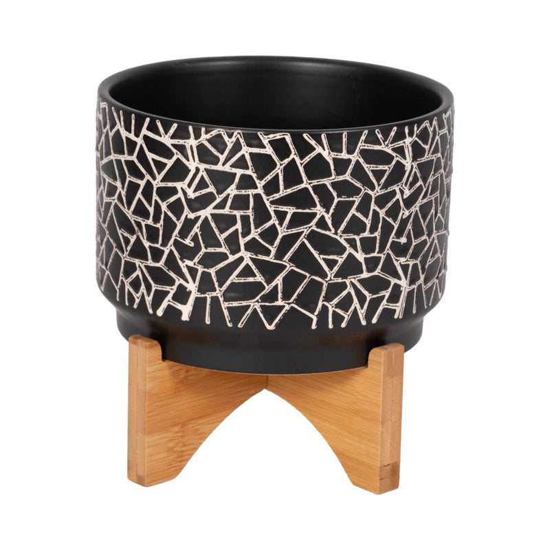 7 CRACKLED PLANTER W/ WOOD STAND, BLACK