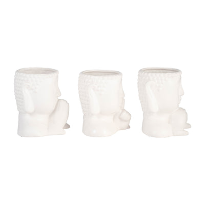 Cer, S/3 7h Buddha Head Planters, White