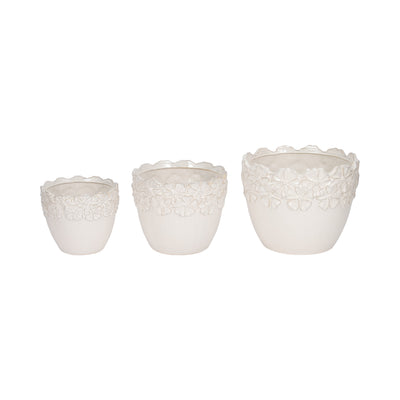 S/3 8/9/11 Floral Crown Planter, Ivory