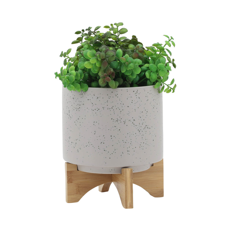 8  PLANTER W/ WOOD STAND, MATTE BEIGE