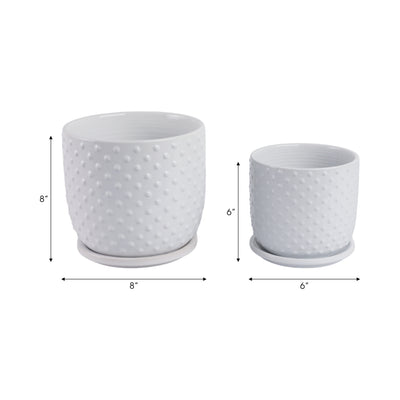 S/2 6/8 Tiny Dots Planter W/ Saucer, White