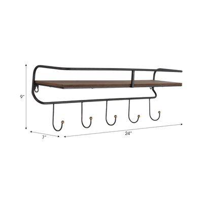 METAL/ WOOD, 24.25 5 HOOK WALL SHELF/ BROWN