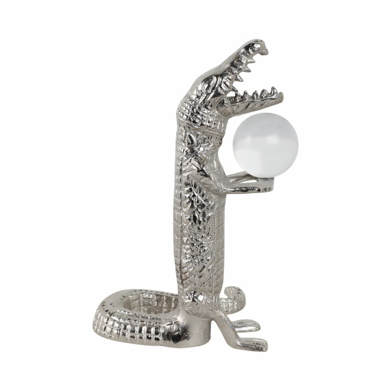 10x7 Crocodile Holding Acrylic Ball, Silver